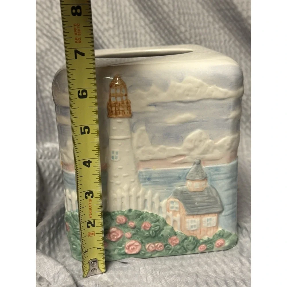 Vintage 1980s Handpainted Ceramic‎ Tissue Box Cover Lighthouse Nautical